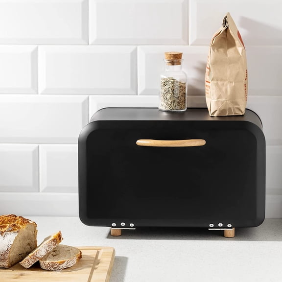 Metal Bread Box with Drop Down Door - Black Storage Tin for Kitchen Counter