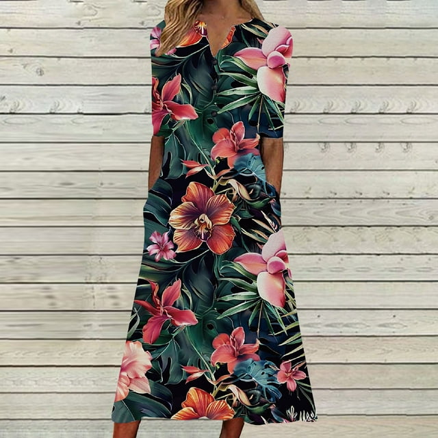 Staron Robes d'Été Décontractées pour Femmes en Liquidation à Moins de 10 $ Manches Courtes Florales Boho Fluides Ligne A Robe Longue Décontractée Vacances Plage Ample Grande Taille Boutons Col en V Robes TTG