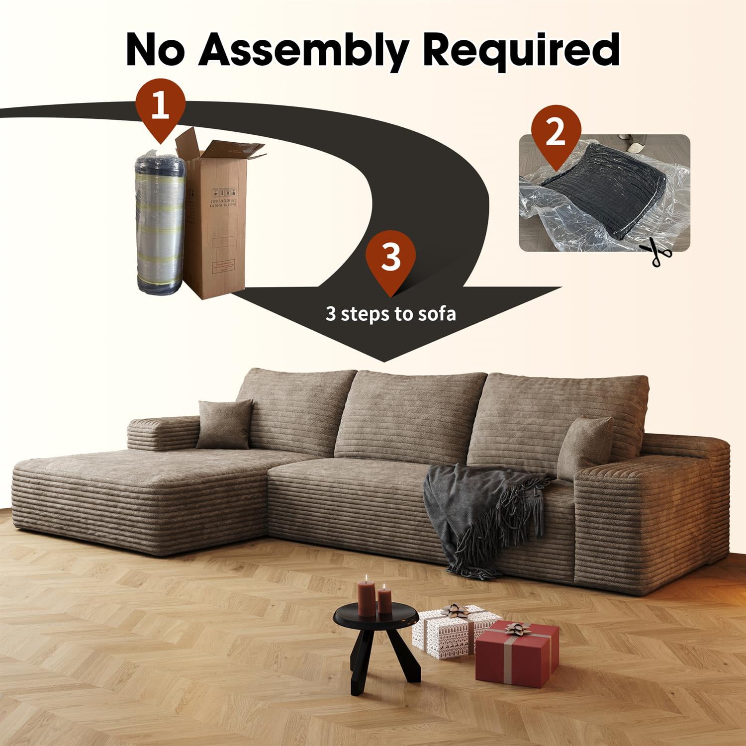 Demi Bonn 107" Modern Cloud Sectional Sofa with L-Shape Chaise, Deep Seat Upholstered Couch for Living Room & Bedroom, No Assembly Needed, Beige