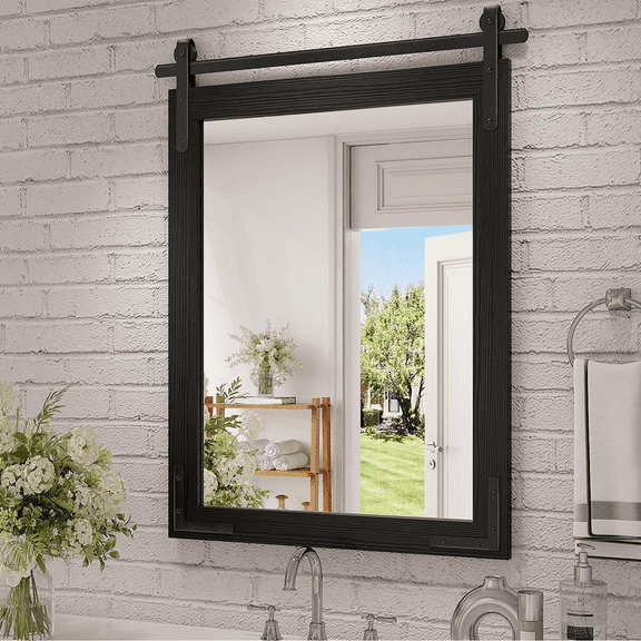 Farmhouse Bathroom Mirror, 18X26 Inch Black Wood Framed Rustic Vanity Mirrors fo
