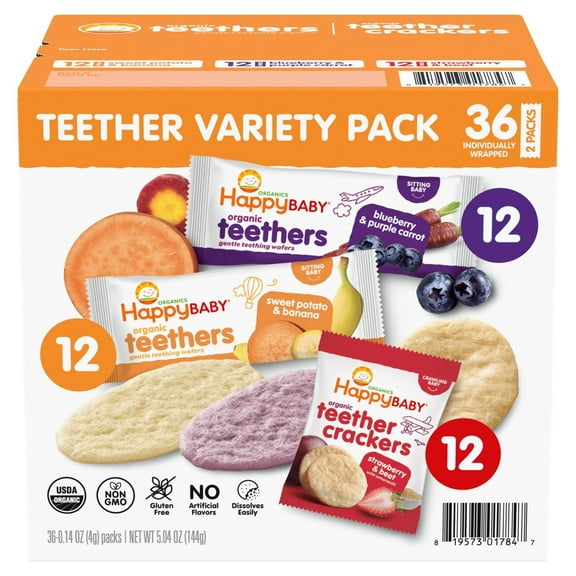 HappyBABY Organics Teethers & Teether Crackers, Variety Pack, 0.14 Oz (36 Pack)