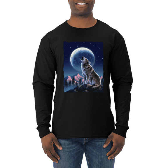 Full Moon Snow Wolf Howling Animal Lover Mens Long Sleeve Shirt