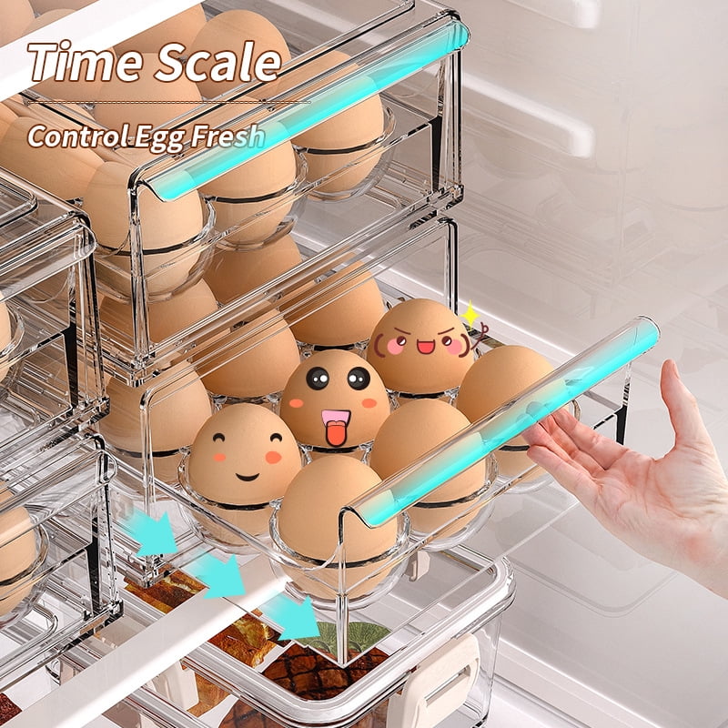 Drawer Style Egg Storage Container for Refrigerator, Clear Plastic Fridge Egg Organizer with Lid, Holds 18 Eggs, Space Saving Kitchen Storage Box
