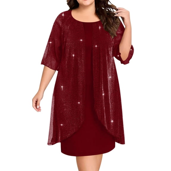 Erwazi Summer Dresses for Women Pleated Solid Plus Size Crew Neck 3/4 Sleeve Knee Length Dress Shiny Trendy Style Daily Dresses