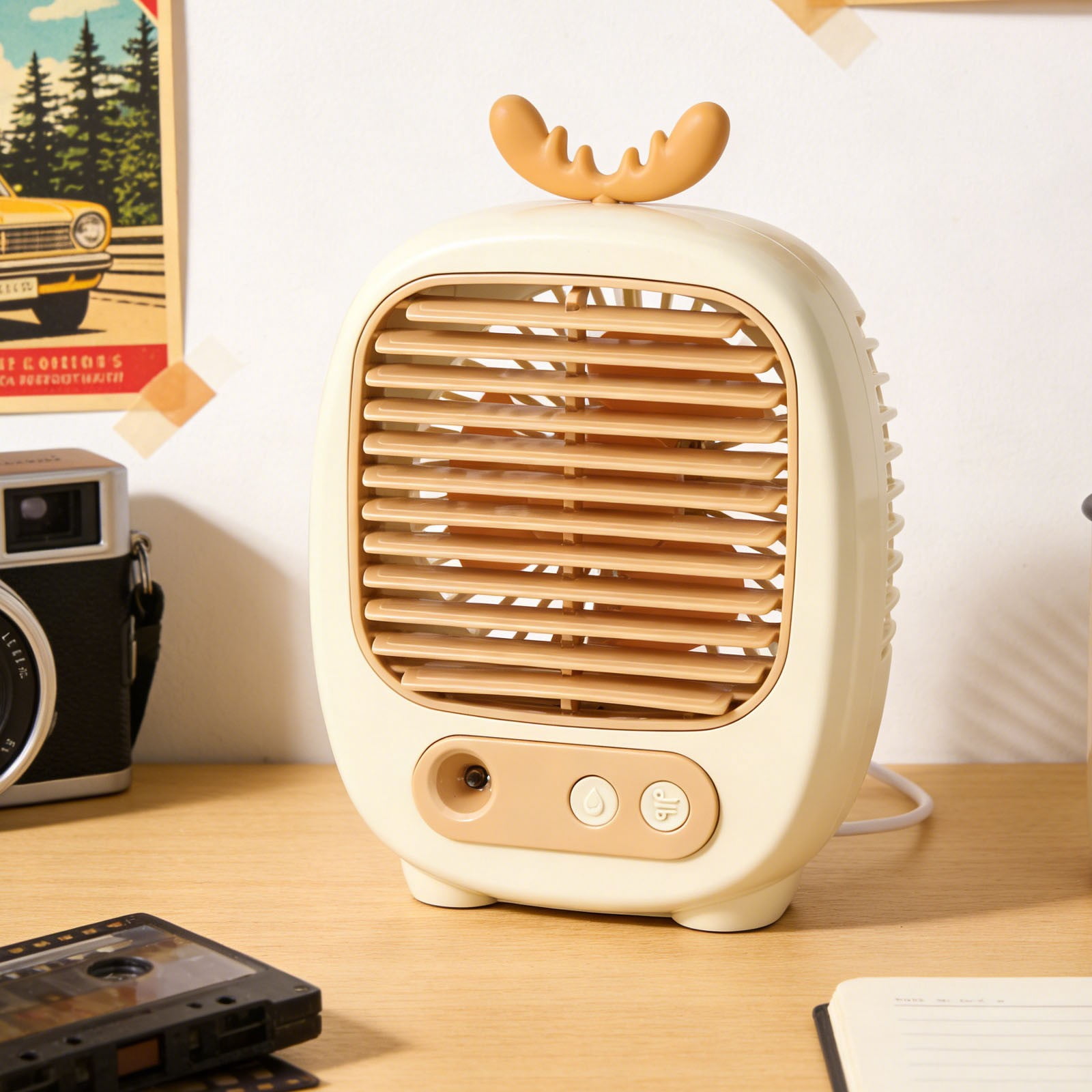 Cute Antler Design Portable Evaporative Air Cooler, 3-in-1 Mist Humidifier Desktop Fan for Home & Office
