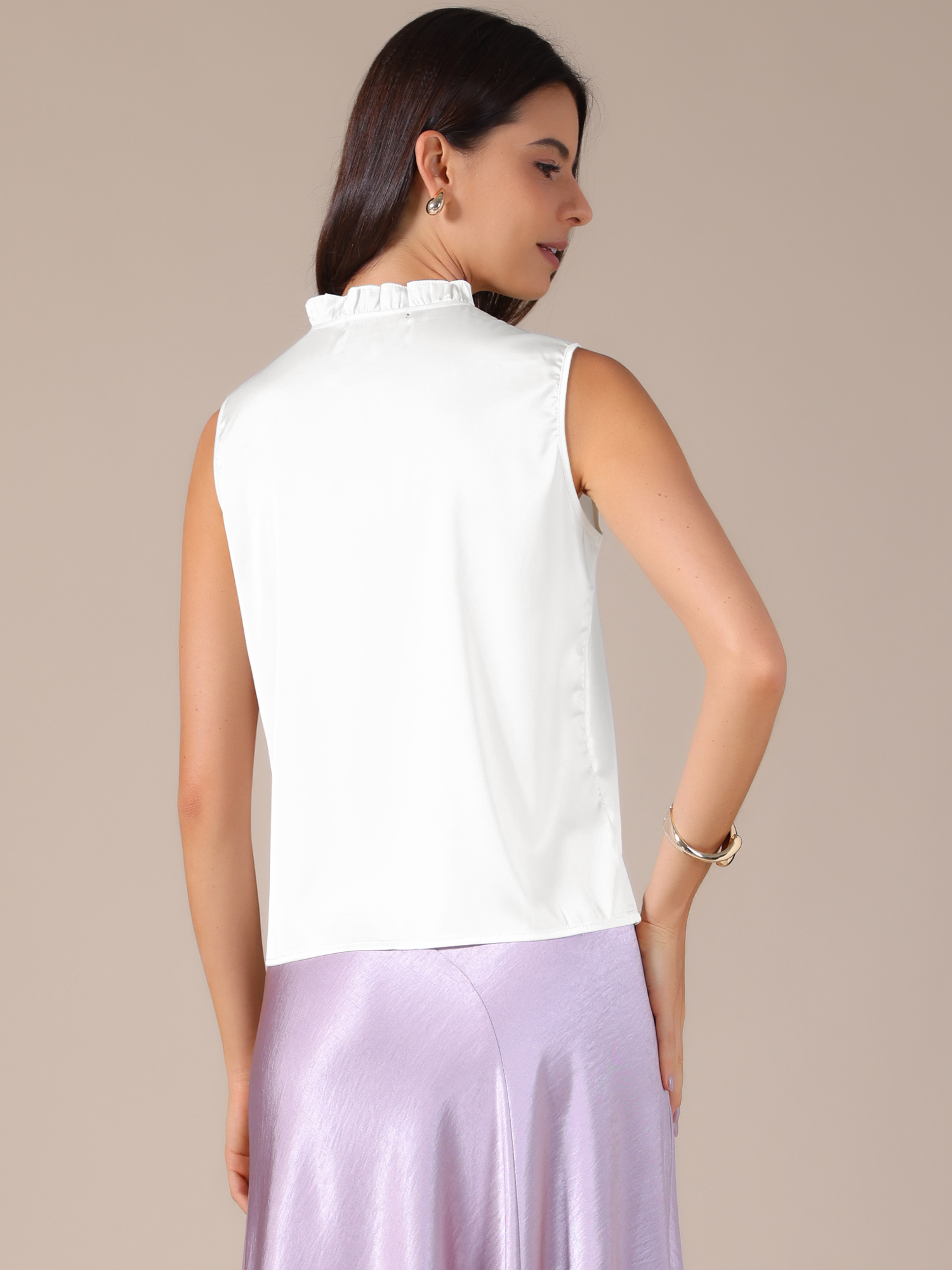 DARING DIVA Women's Satin Elegant Sleeveless One Button Office Blouse L White