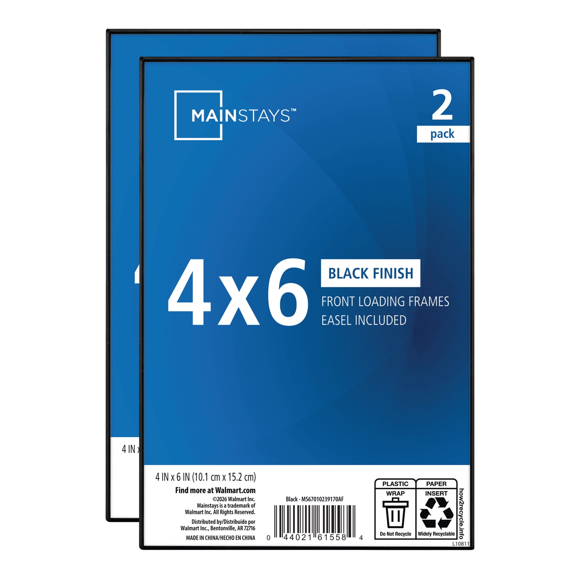 Mainstays 4x6 Picture Frame Black Front Loading Wall or Tabletop Photo Frame, Set of 2