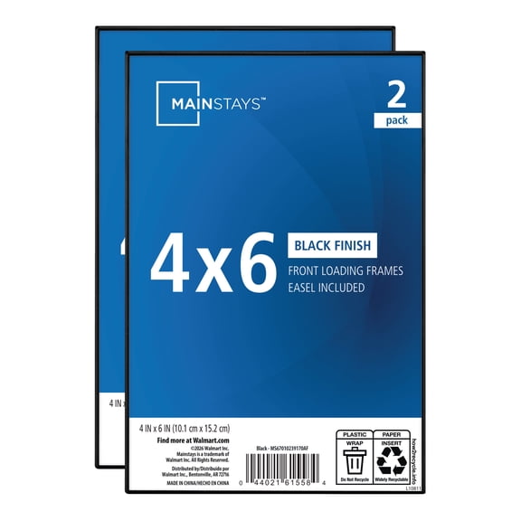 Mainstays 4x6 Picture Frame Black Front Loading Wall or Tabletop Photo Frame, Set of 2