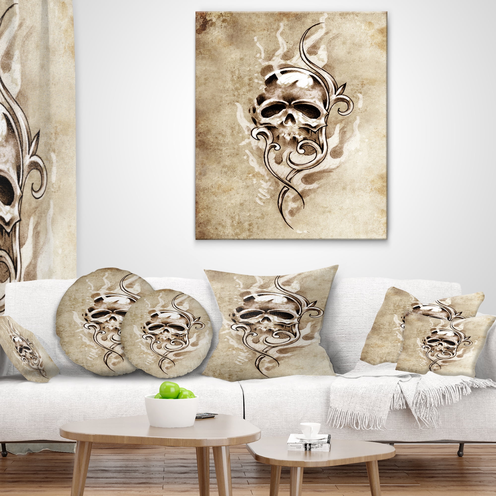 Designart Vintage Style Skull Devil Tattoo - Abstract Throw Pillow - 18x18