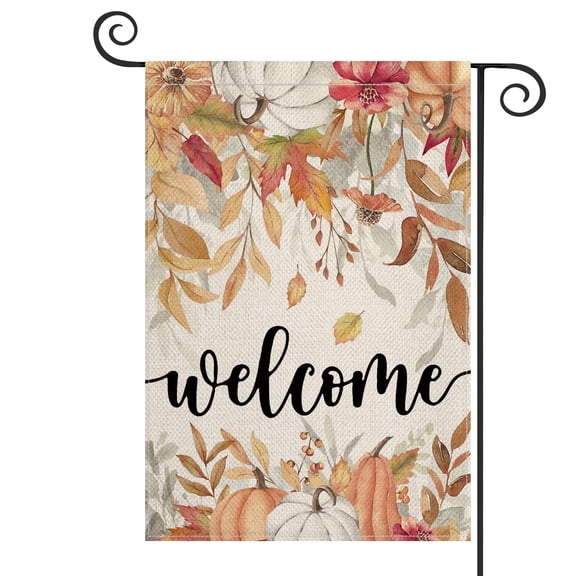 Sm:)e Fall Garden Flag 12x18 Inch Double Sided - Seasonal Decorative Flag Rustic Autumn Outdoor Yard Decor, Welcome Pumpkins and Maple Leaves