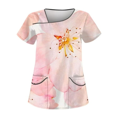 

EHTMSAK Women Scrubs Top with Pocket Floral Classic Fit V-Neck Short Sleeve Scrub Top Pink 2X