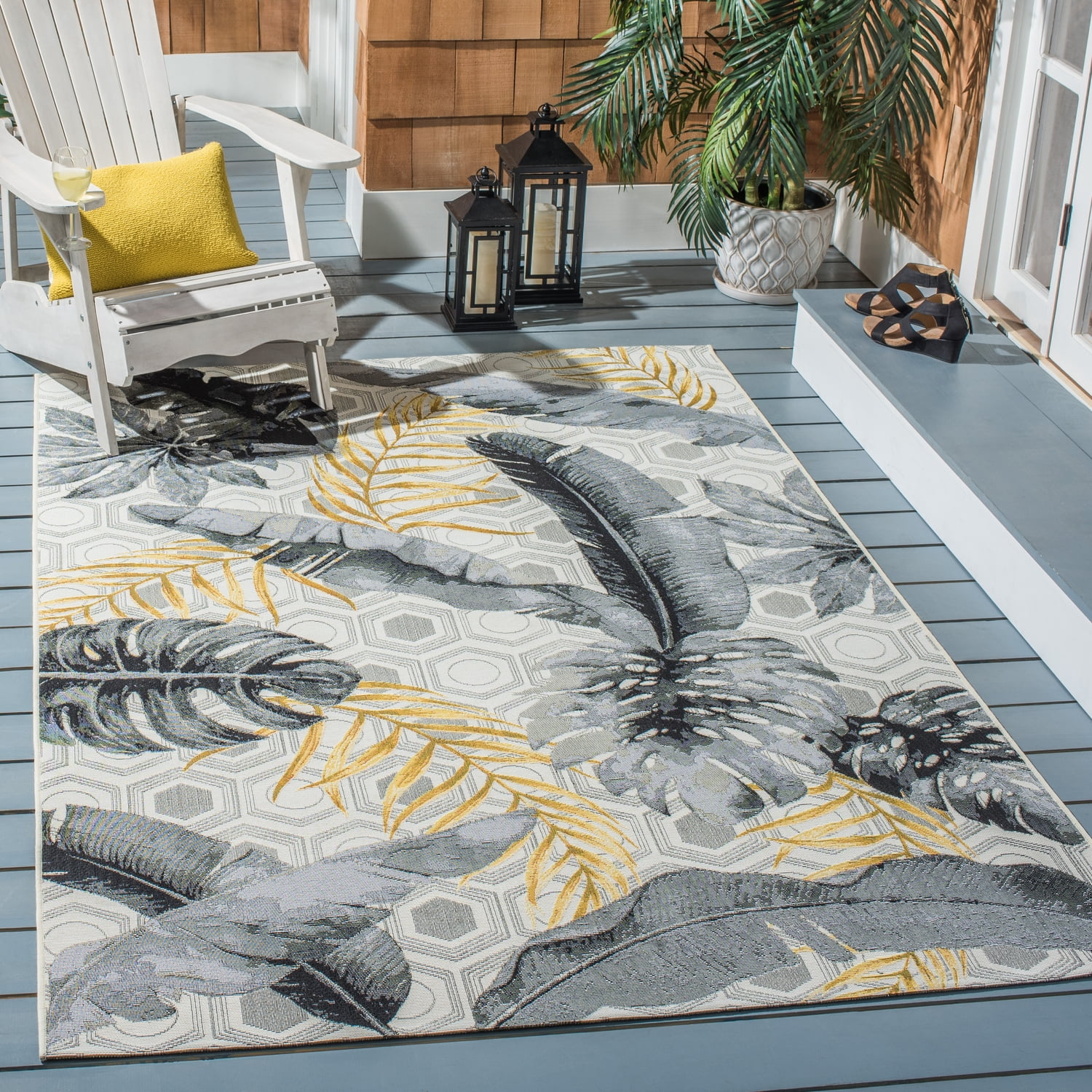 SAFAVIEH Barbados Tropical Leaves Outdoor Area Rug, Grey/Gold, 6'6" x 6'6" Square