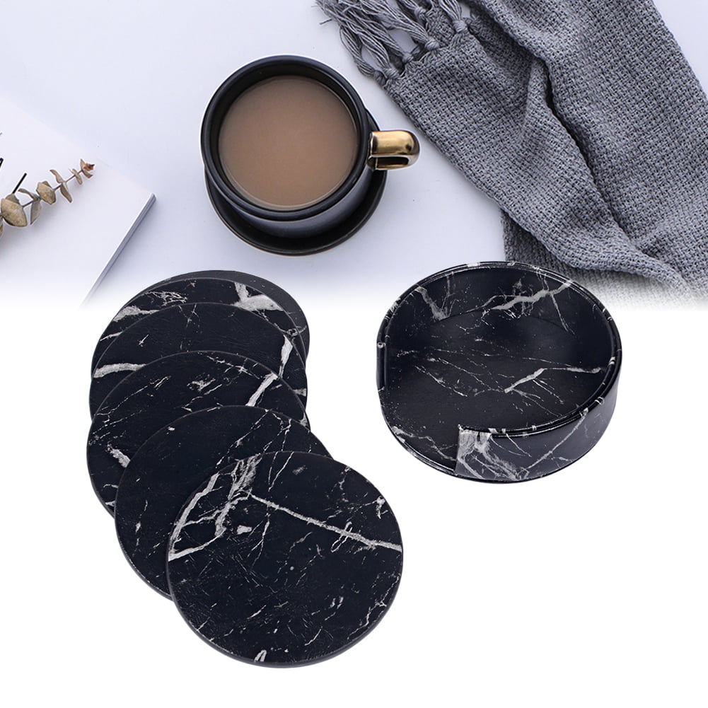 Heat Resistant Cup Mat Pad for Protecting Furniture from Stains Scratch,Black Coasters for Drinks Leather Coasters Set of 6 Marble Round Coaster with Holder 