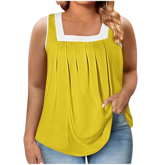 Timegard Débardeurs Grande Taille pour Femmes Col Carré Plissé Sans Manches Chemises Décontractées Confortables