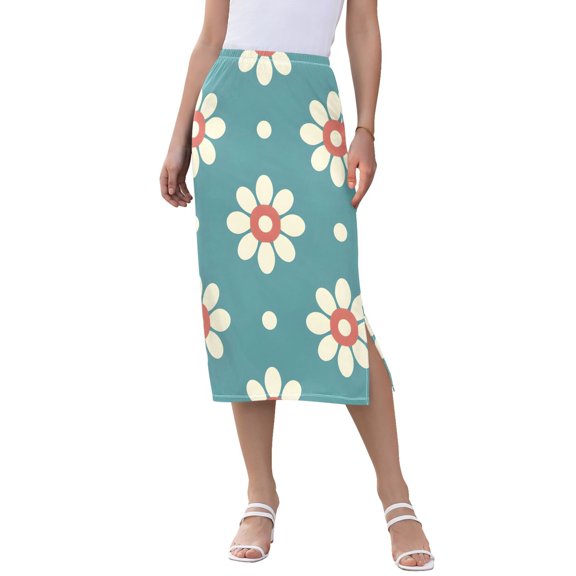 Women High Waist Print Midi Skirt with Side Slit Casual Stretch A-Line Skirt