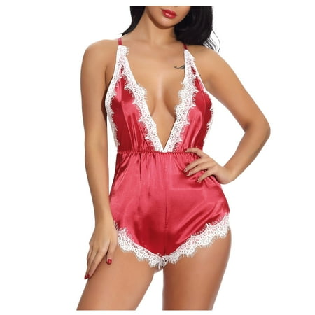

DORKASM Women s Teddy Lace Sexy Bodysuit Lingerie Backless Sleepwear Deep V Neck One Piece Babydoll Red M
