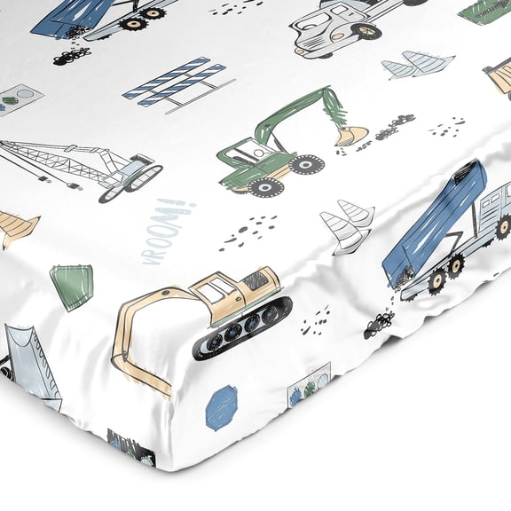 Sweet Jojo Designs Construction Truck Green Blue and Grey Satin Fitted Crib Sheet
