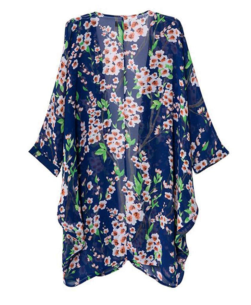 Womens Floral Print Sheer Chiffon Loose Kimono Cardigan Cover Up 