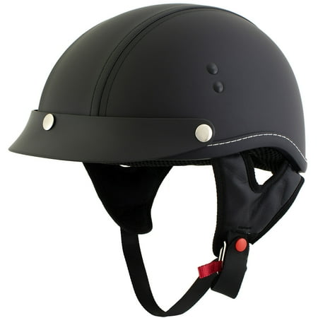outlaw t70 dark rider black leather like half helmet with snap visor