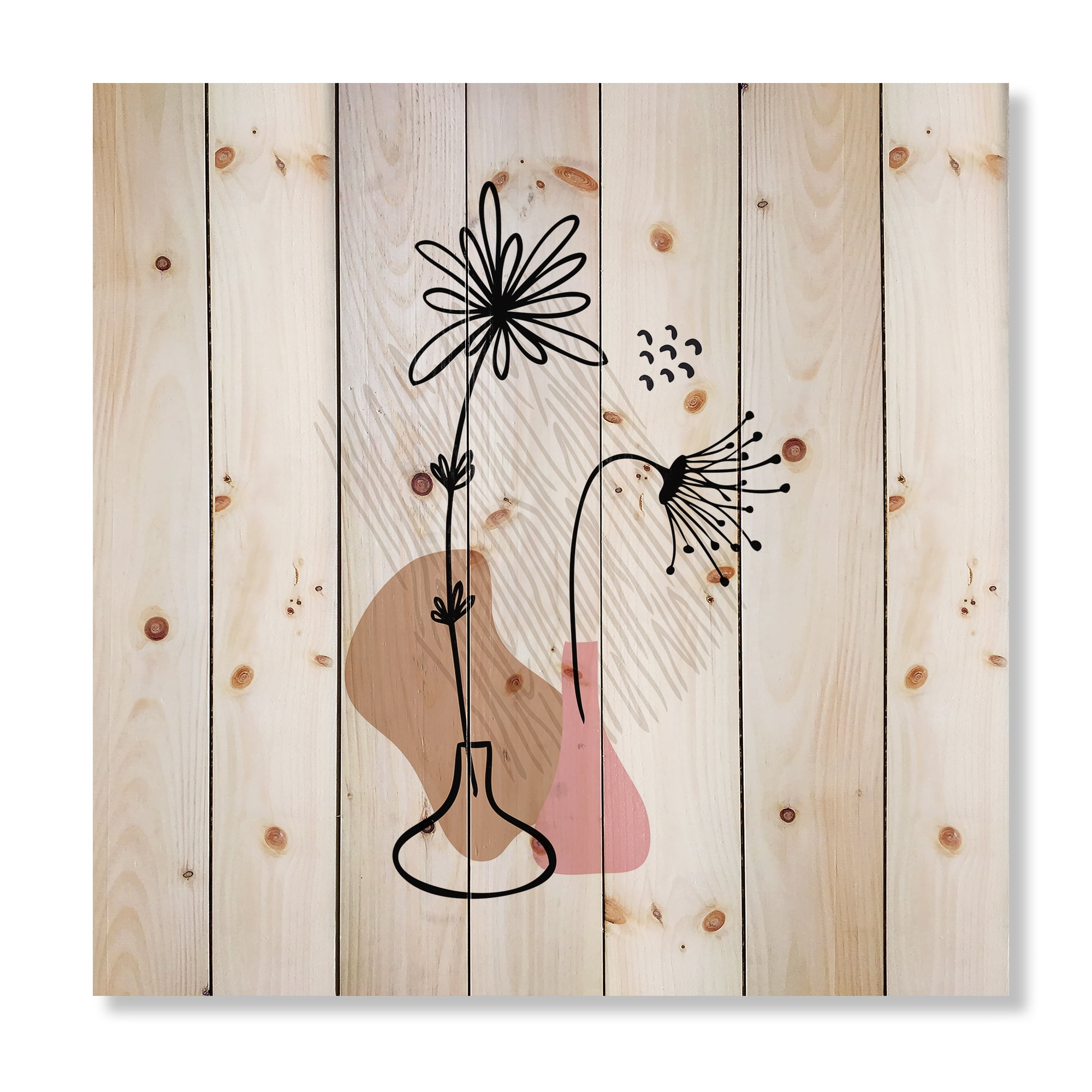 Designart 'Abstract Minimal Shapes Under Flowers III' Modern Print on Natural Pine Wood