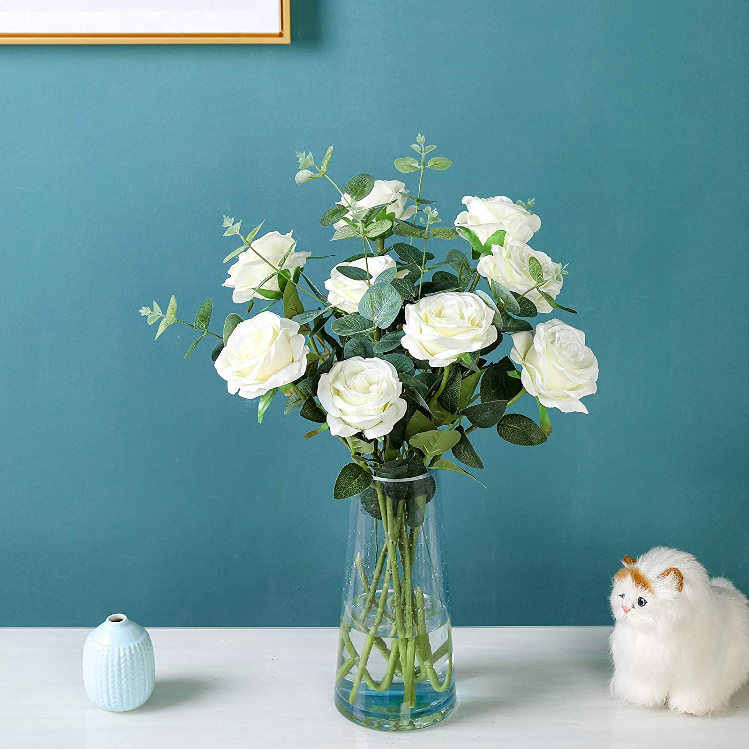 12PCS Artificial Silk Flowers Realistic Roses Bouquet Long Stem for Home Wedding Decoration Party (White)