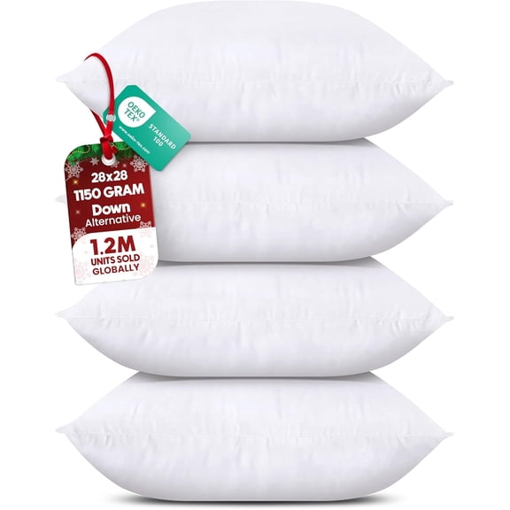 pupikeji Throw Pillows Insert (Pack of 4, White) - 28 x 28 Inches Bed and Couch Pillows - Indoor Decorative Pillow