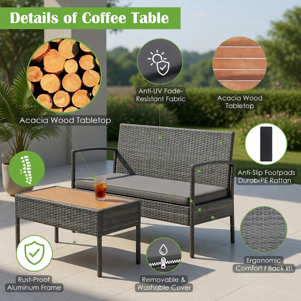 Hommoo 4-Piece Outdoor Patio Furniture Set, Steel Glider Loveseat, Tempered Glass Coffee Table + 2 Spring Rocking Dining Chairs for Backyard, Poolside & Garden, Brown