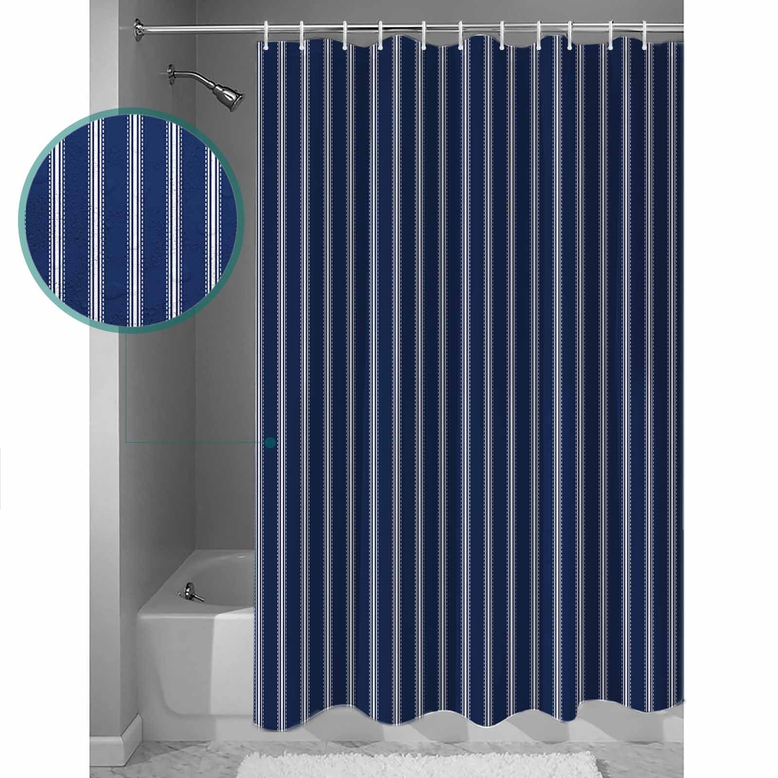72x78 Inch Shower Curtain Navy Blue Striped Bathroom Decor Waterproof Fabric Bathtub Bath Curtains Decorative Navy Blue White Farmhouse Stripes Extra Long Shower Curtain Set with Hooks
