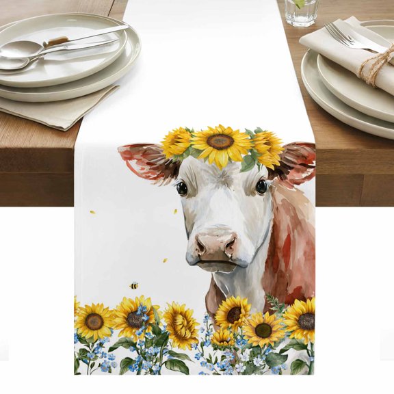 Cow Sunflowers Table Runner - 108 Inch Long, Kitchen Dining Table Runner Dresser Scarves, Farmhouse Spring Flowers Wooden Grain Farmhouse Decor for Coffee Tables Wedding Party Banquet