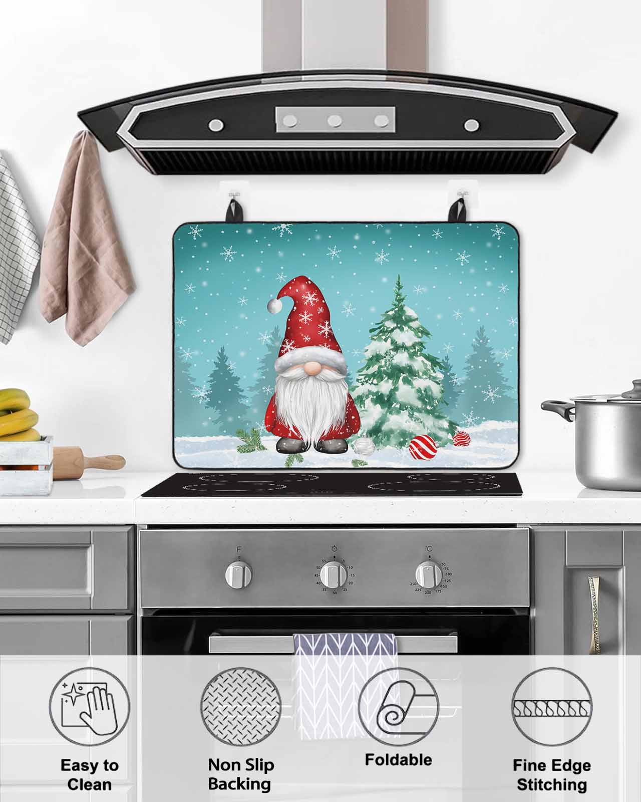 Large Induction Cooktop Protector Mat Teal Gnomes Christmas Stove Top Covers for Electric Stove, Xmas Tree Balls Snowflake Decorative Stove Burner Cover Mats, Glass Top Stove Cover