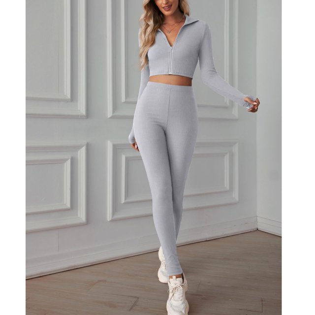 Conjunto De Ropa Deportiva De Yoga, Conjunto De Entrenamiento De Moda Para Mujer Cremallera De Cintura Alta De Manga Larga Para Atletas Para Gimnasio ANGGREK No