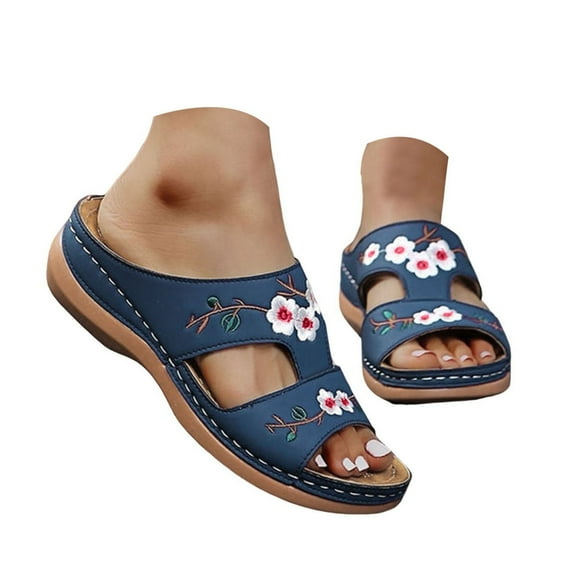 Mostsola Womens Sandals Floral Embroidery Slides Open Toe Wedge Sandals Comfort Orthopedic Sandals