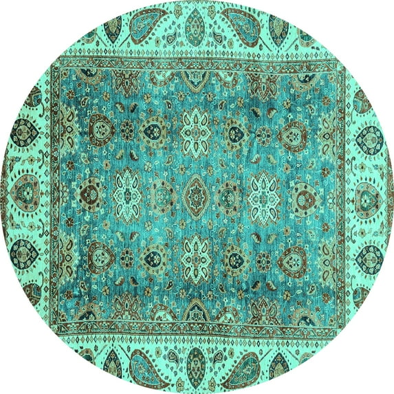 Ahgly Company Machine Washable Indoor Round Oriental Turquoise Blue Traditional Area Rugs, 3' Round