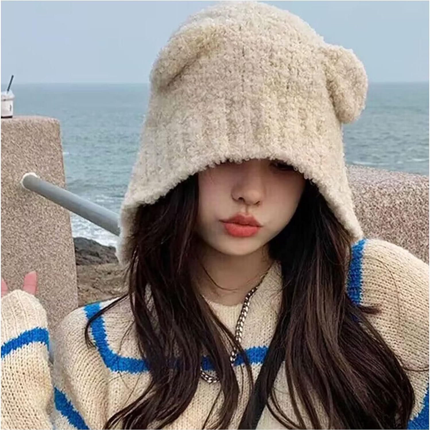 SikaFu Y2K Bear Ears Beanie Crochet Hat for Women,Kawaii 