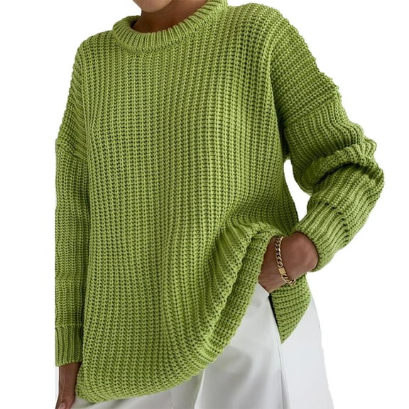 Women Chunky Knit Long Sleeve Sweater Solid Color O-Neck Oversized Jumper Tops