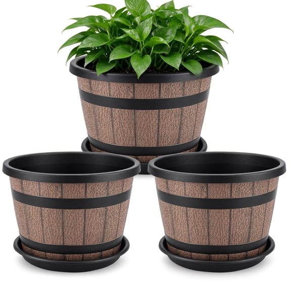 FOUKUS 3 Pack 12 Inch Whiskey Barrel Planter Flower Pots: Wood-Look Resin Planters for Outdoor Plants with Pre-Drilled Drainage Holes, Garden Pots with 3 Saucers for Porch & Patio