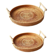 thumbnail image 1 of [] Breakfast Tray Basket with Handle  Hand-Woven Fruit Storage Basket Rattan Bread Serving Handcrafted Tray Wicker Basket Bread Fruit Food Breakfast Display 2pcs(L+S), 1 of 6