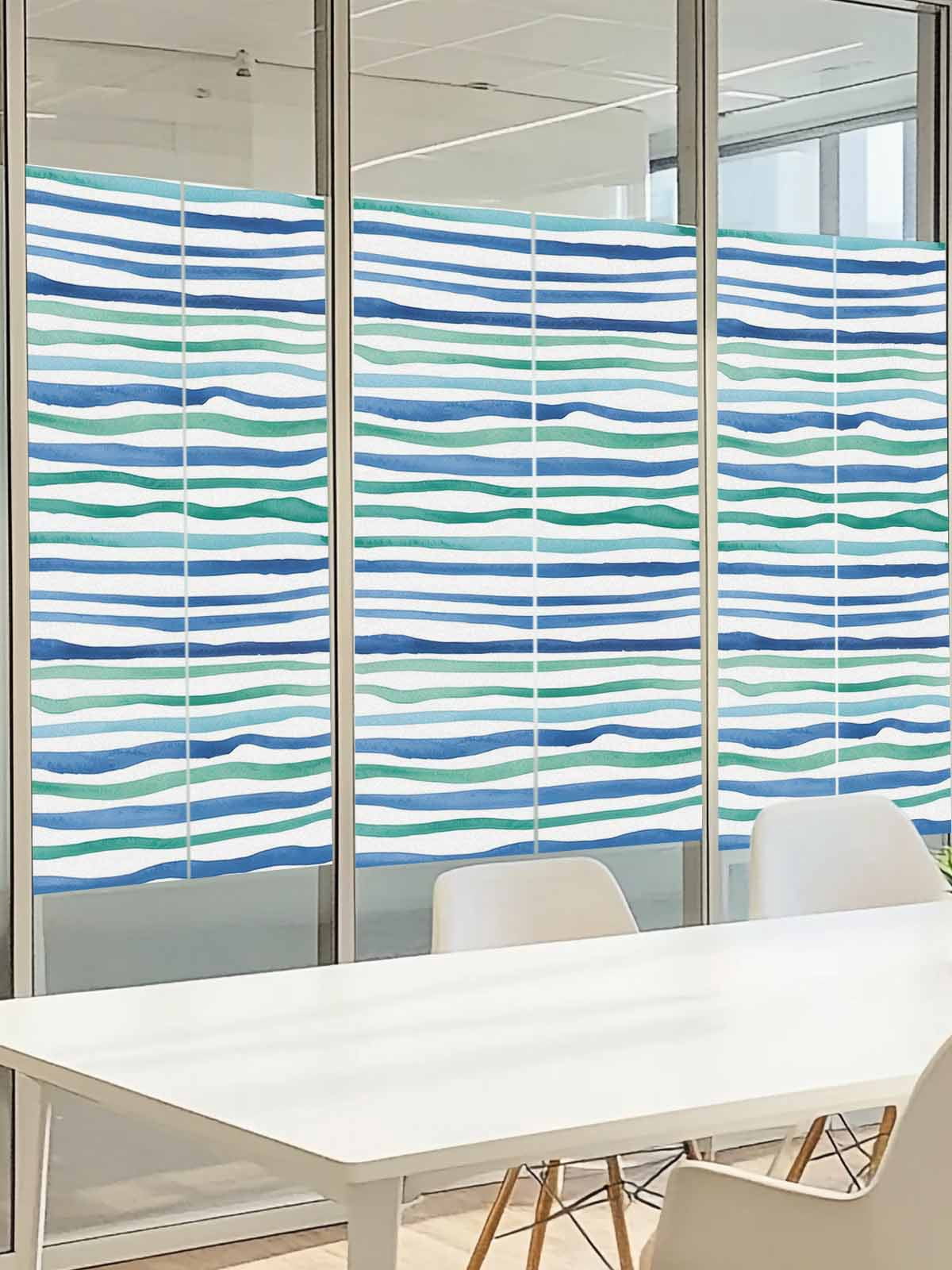 Blue Green Stripes Window Privacy Film, Abstract Art Modern Watercolor Gradient Frosted Glass Window Clings Static Cling UV Heat Blocking Reusable Door Sticker for Bathroom 23.6 x 59 Inch