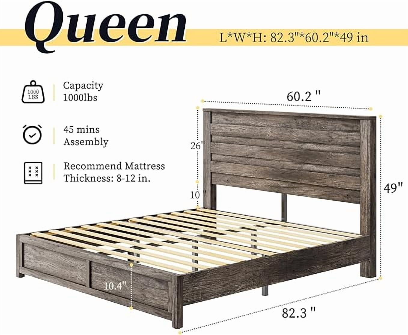 VanAcc Queen Size Bed Frame with 49" Tall & Full-Panel Headboard, Farmhouse Platform Bed with Wood Slats & Metal Bed Frame, Noise Free