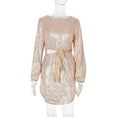 thumbnail image 4 of HLSOHJP Women's Sequin Belted Party Dress Long Lantern Sleeve Glitter Shiny Sparkly Lace Up Cocktail Night Out Mini Dress, 4 of 7