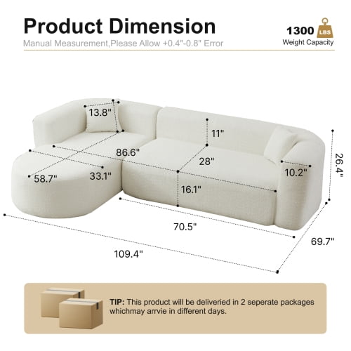 109.4" Boneless Modular Sectional Sofa with L-Shaped Chaise, Cloud-Like Chenille Couch, No Assembly Required, White