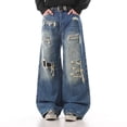 thumbnail image 1 of Street Style Patchwork Distressed Denim Jeans For Loose Straight Leg Wide Trousers, 1 of 3