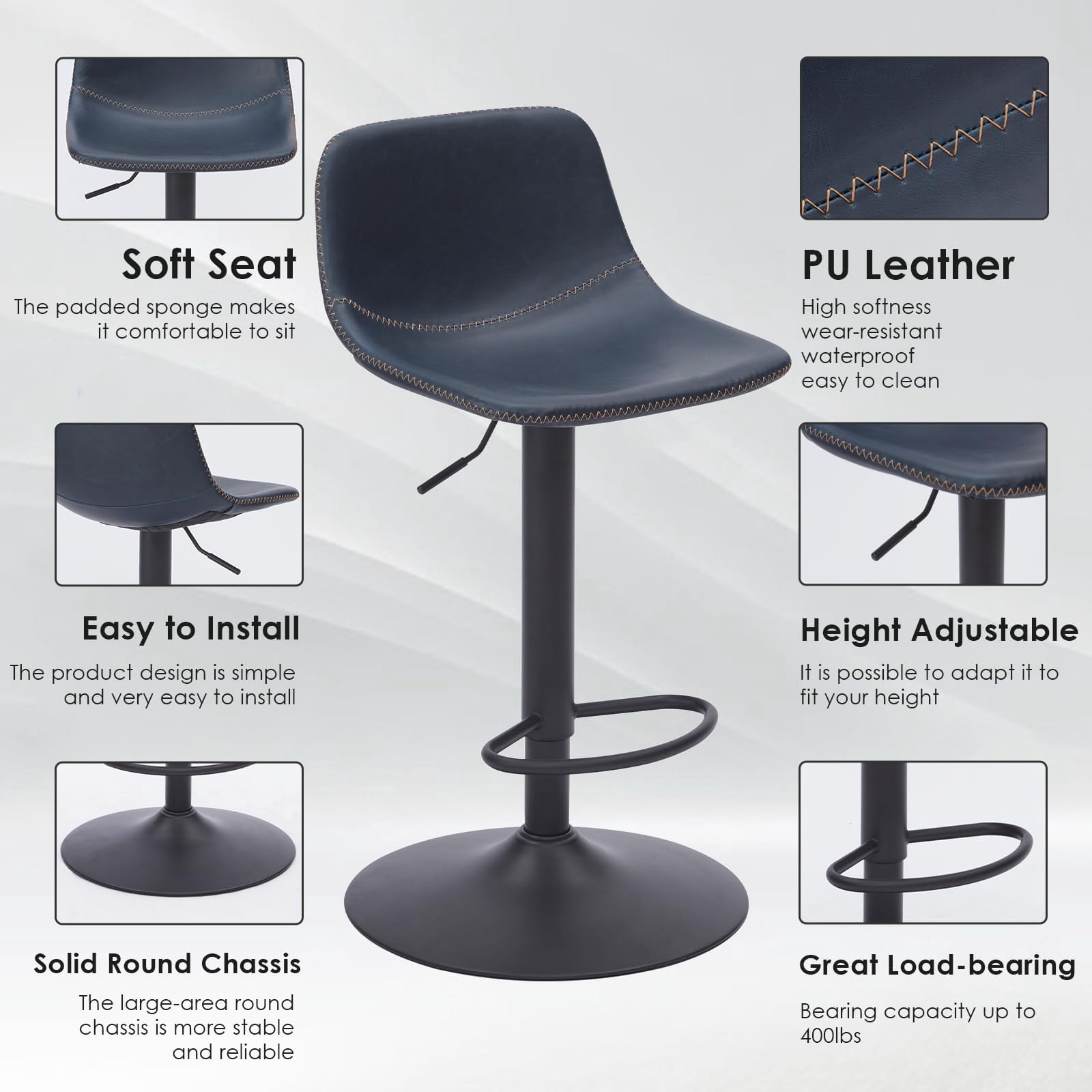 STARY Adjustable Bar Stools Set of 2, Modern Swivel Bar Stools, Bar Height Stools with Back Support, Pu Leather Bar Stool for Kitchen Island Counter