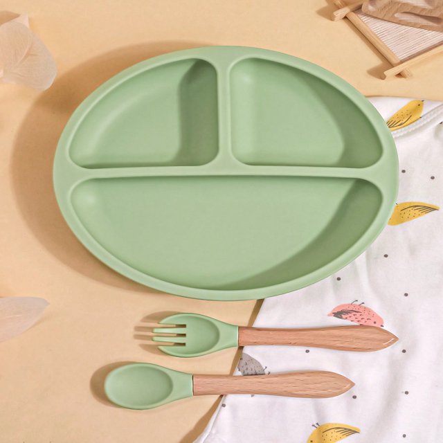 SNNROO 3pcs/Set 100% Silicone Baby Feeding Set With Suction Bottom Plate And Wooden Handle Spoon & Fork