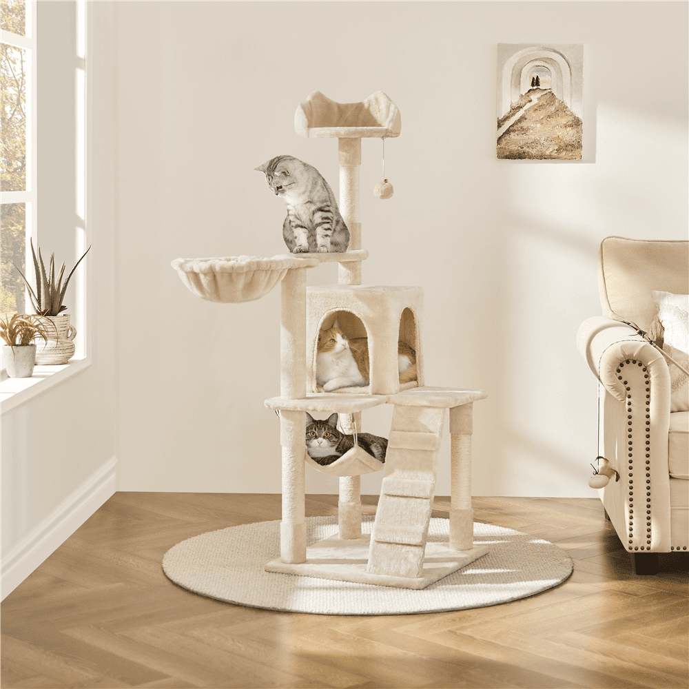 Alden Design 54" Cat Tree with Hammock, Basket and Scratching Post Tower, Beige
