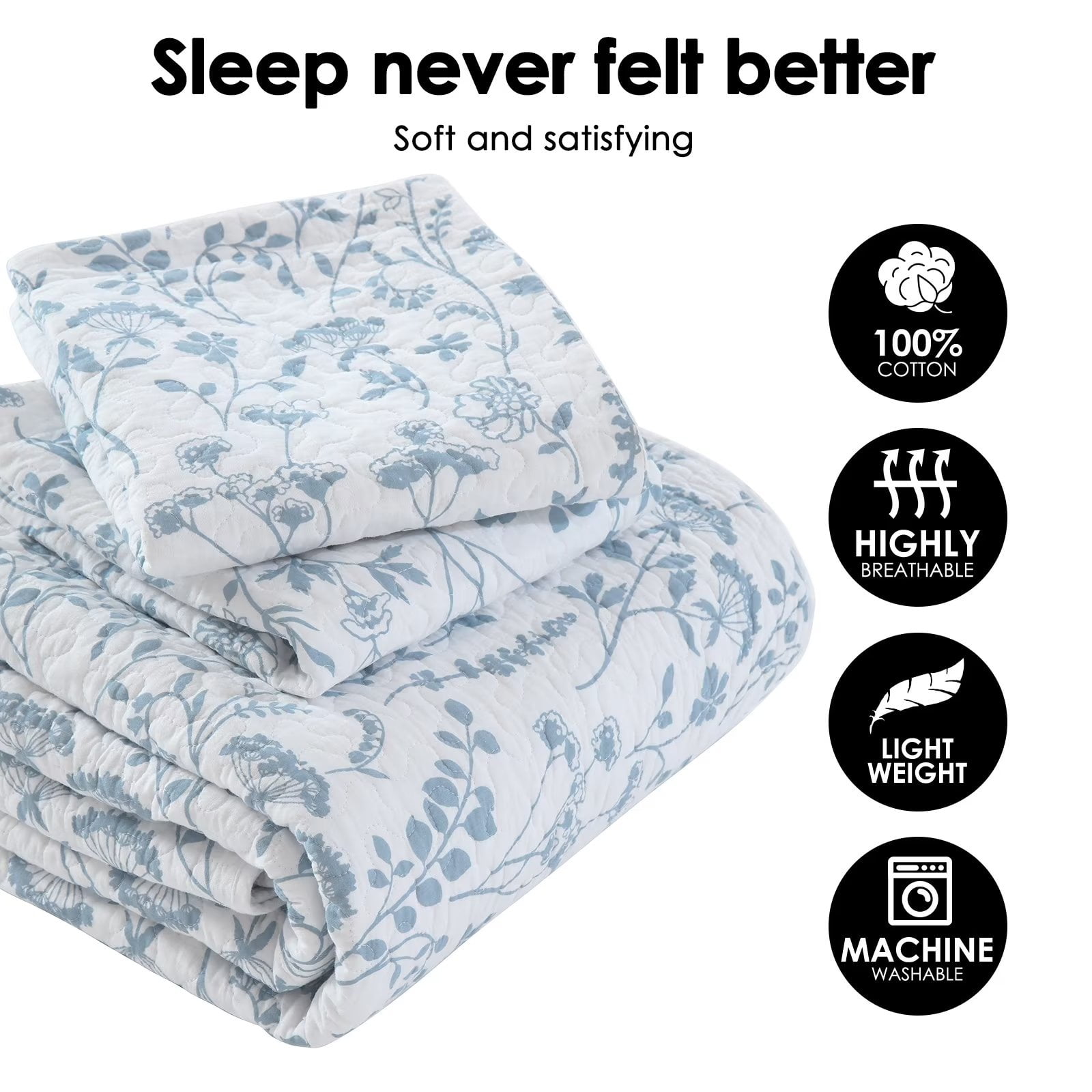 Bedduvit Blue & White Floral King Size Quilt - 100% Cotton Spring Flower Reversible Garden Country Quilt Bedspread, Lightweight Breathable King Quilt, 3-Piece Comforter Set for All Season 98"x106"