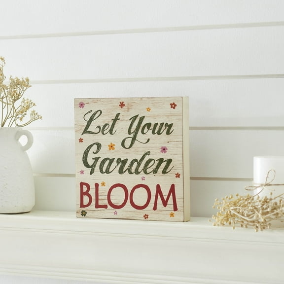 VHC Brands Spring in Bloom Let Your Garden Bloom MDF Block Sign 8x8, Spring Decor, Home Decorations for Wall or Door, Spring and Easter Hanging Decoration