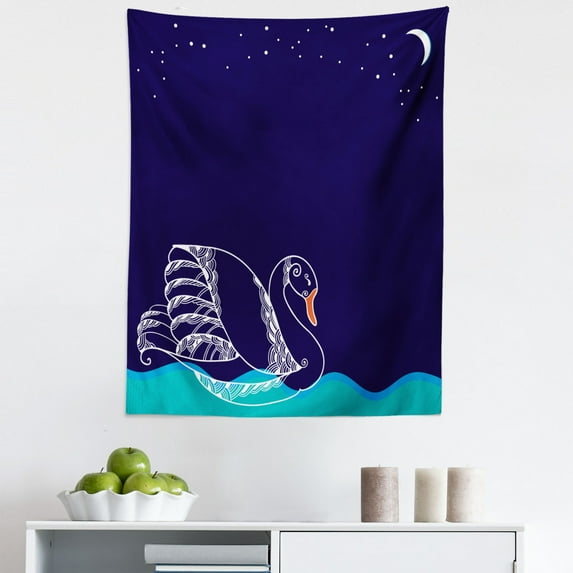 White Blue Tapestry, Silhouette of Big Winged Swan Floating on Waves in Lake Dark Starry Night Graphic Art, Fabric Wall Hanging Decor for Bedroom Living Room Dorm, 5 Sizes, White Blue, by Ambesonne