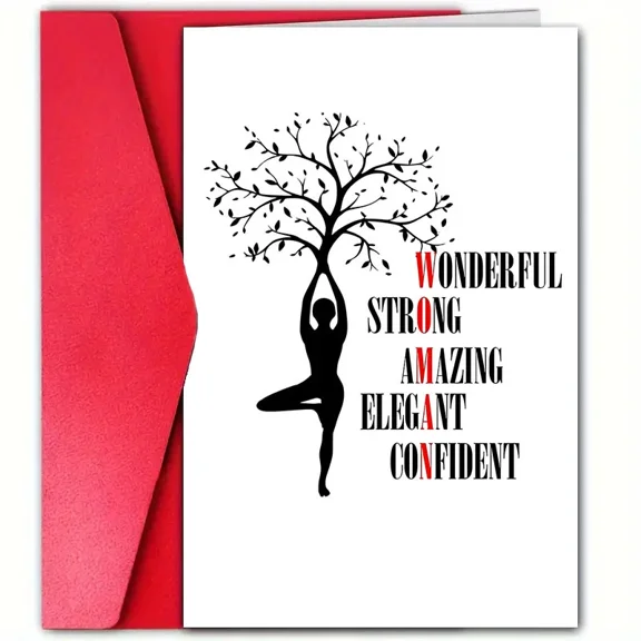 Empowering Women's Greeting Card – “Wonderful Strong Amazing Elegant Confident” Design – Comes with Red Envelope, Blank Inside – Perfect for Celebrations, Encouragement, or Inspiration