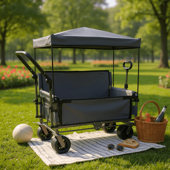 GDF Studio 3-in-1 Folding Wagon Cart with Bench Seat, Detachable Canopy, and Storage, Heavy-Duty Utility Wagon, Gray